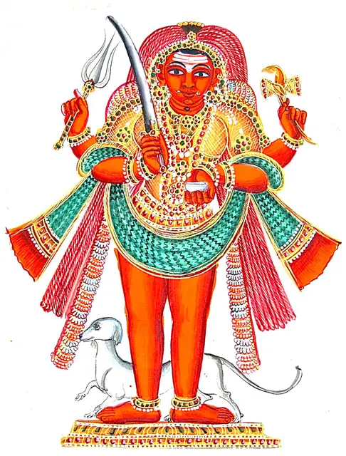 त्रिशूल, डमरू, खड्ग और कपाल लिए भैरव, पीछे उनका श्वान। काग़ज़ पर गौश चित्र, लगभग 1830। यह देवता का चित्र है, काशी के मंदिर का विग्रह नहीं