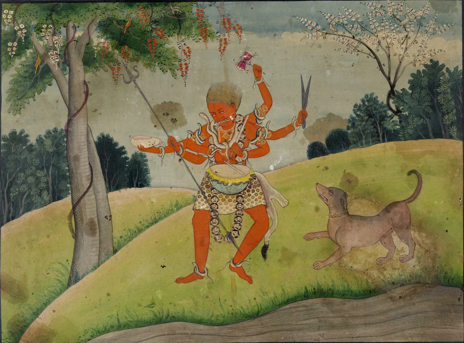 श्वान के साथ भैरव रूप में शिव। काग़ज़ पर पहाड़ी शैली का चित्र, 19वीं सदी