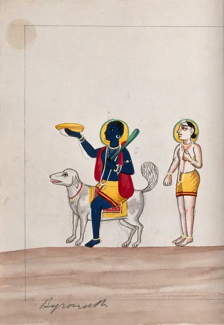 दंड लिए श्वान पर विराजमान भैरव, साथ में एक भक्त। गौश चित्र, 19वीं सदी